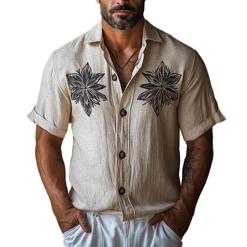Men's Summer Retro Ethnic Style Monochrome Print Linen Short-Sleeved Shirt MTA2286E1P