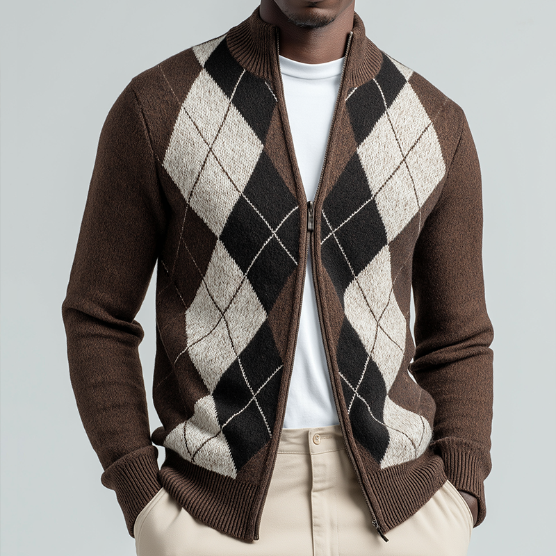 Men's Retro Casual Diamond Colorblock Double Zipper Stand Collar Sweater MTA1093J2TO