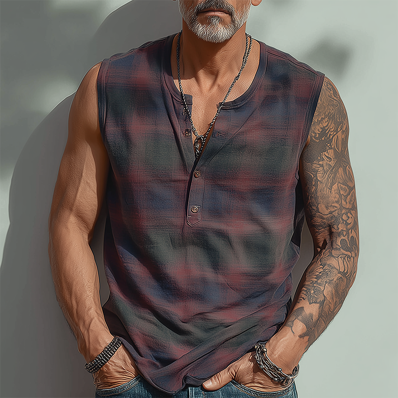 Men's Summer Fashion Contrast Print Cotton Blend Sleeveless Henley Shirt MTA1647G4P
