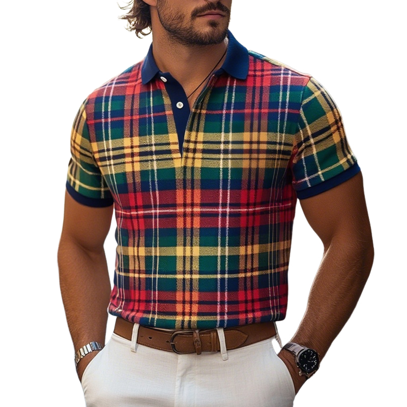 Men's Plaid Lapel Short Sleeve Polo Shirt MTA1325F8Z