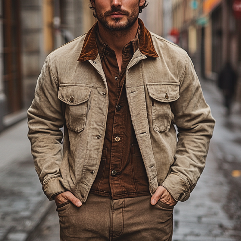 Men's Vintage Corduroy Lapel Colorblock Single-Breasted Jacket MTA2252I6X