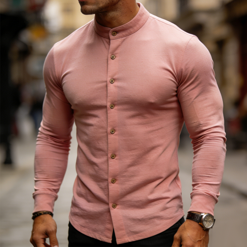 Men's Retro Casual Cotton Stand Collar Button Long Sleeve T-shirt MTA2363L0TO