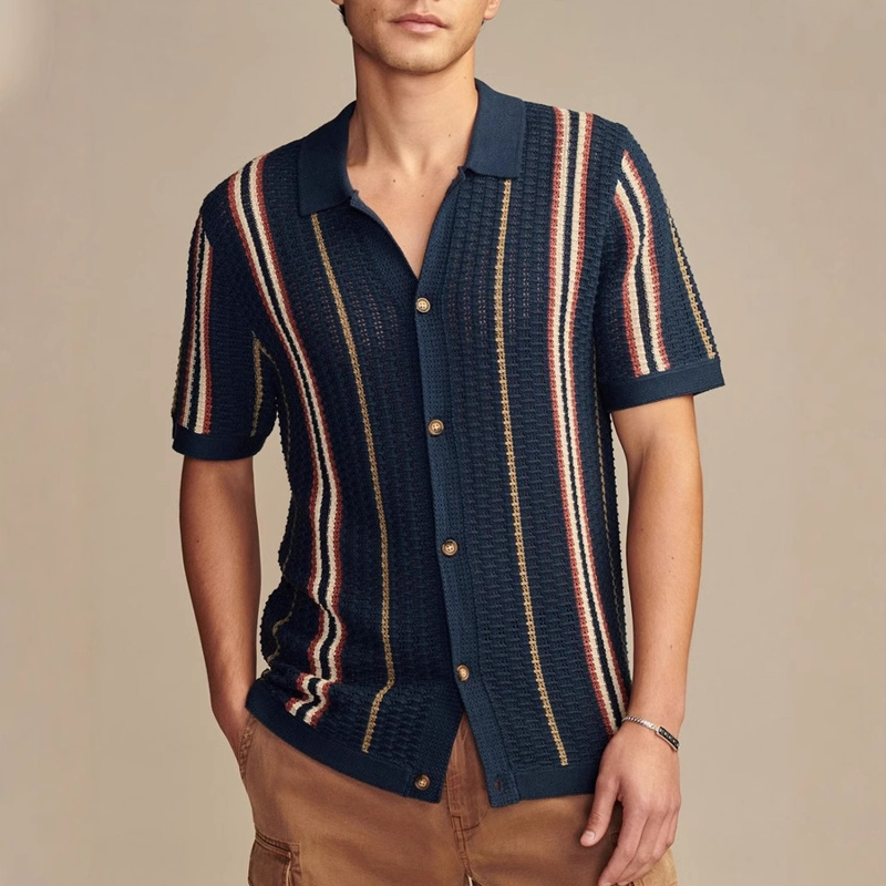 Men's Knitted Striped Jacquard Short-sleeved Shirt MTA0539G1X