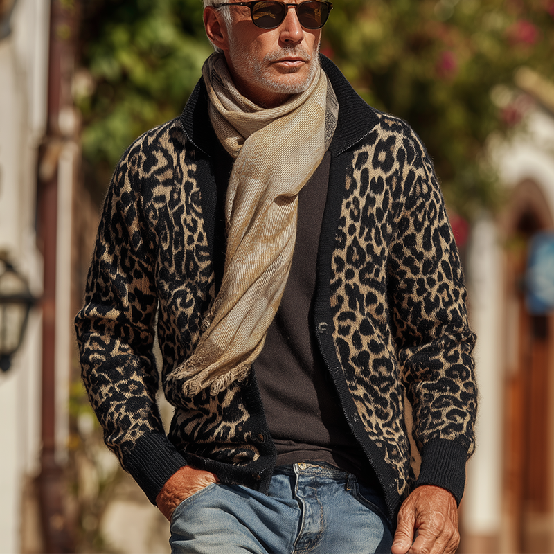 Men's Vintage Leopard Print Knitted Thin Cardigan MTA0732H6P