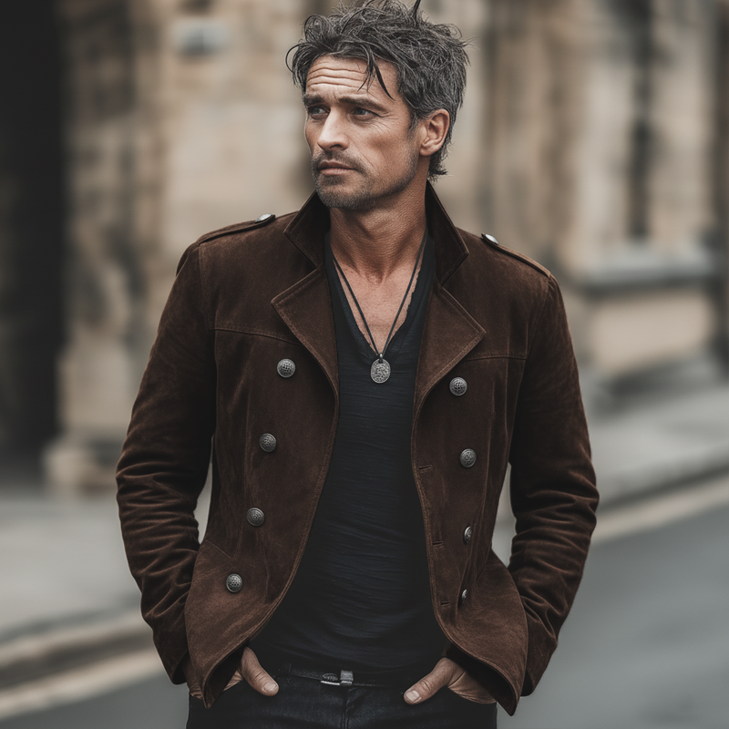 Men's Classic Chocolate Brown Double-breasted Notched Lapel Suede Jacket MTA0113L7U