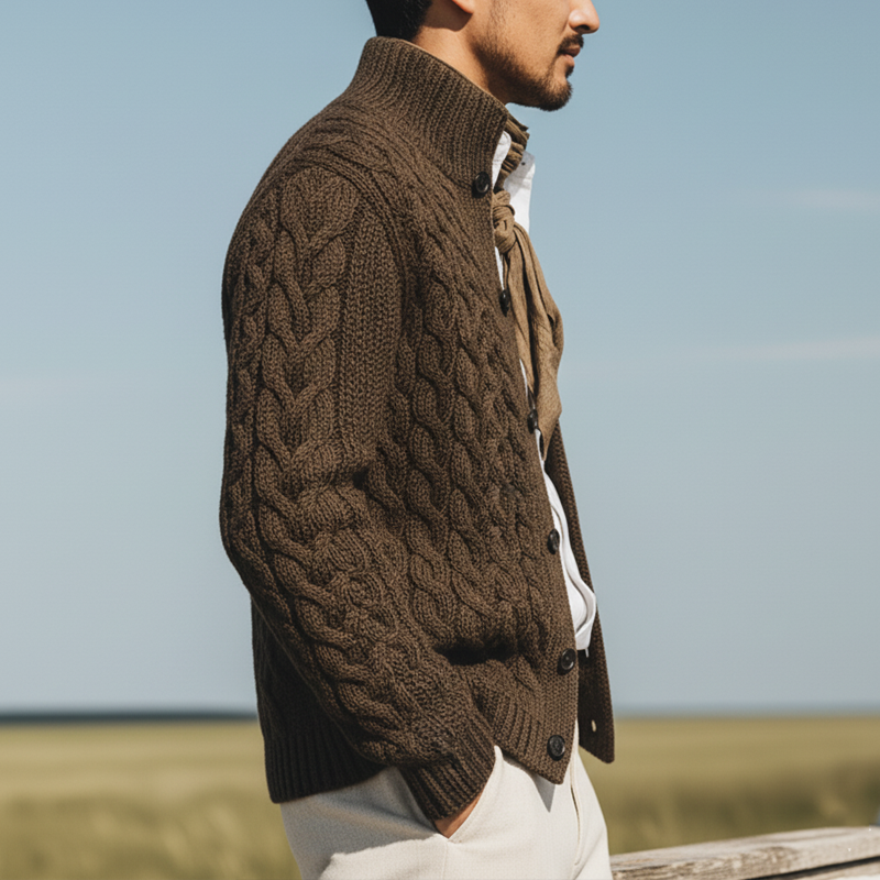 Men's Classic Cable Knit Jacquard Stand Collar Cardigan MTA2273K3U