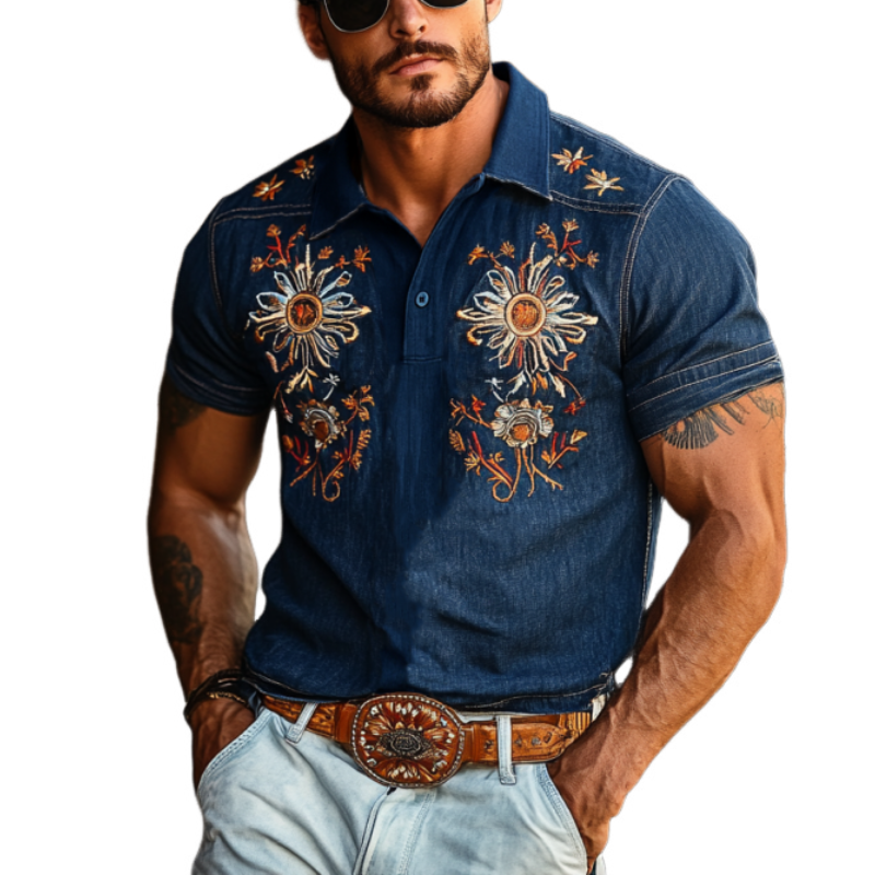 Herrepoloskjorte i vestlig stil med broderi i denim med korte ermer MTA1002F6Y