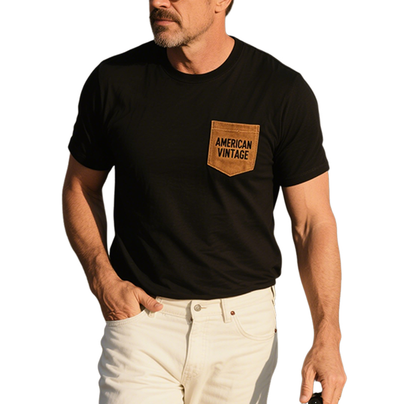 Men's Summer Fashion Casual American Retro Cotton Blended Pocket Stitching Suede Pocket Letter Embroidery Short-sleeved T-shirt MTA2428E4K