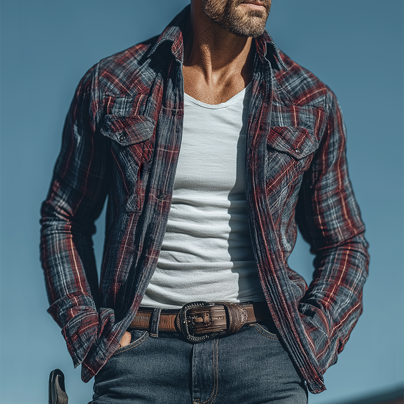 Men's Retro Casual Plaid Print Lapel Long-Sleeve Shirt MTA1176K3TO