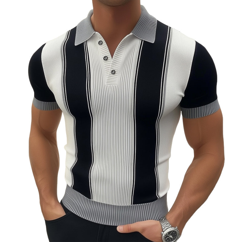 Men's Business Black And White Knitted Polo Neck T-Shirt MTA0993E7U