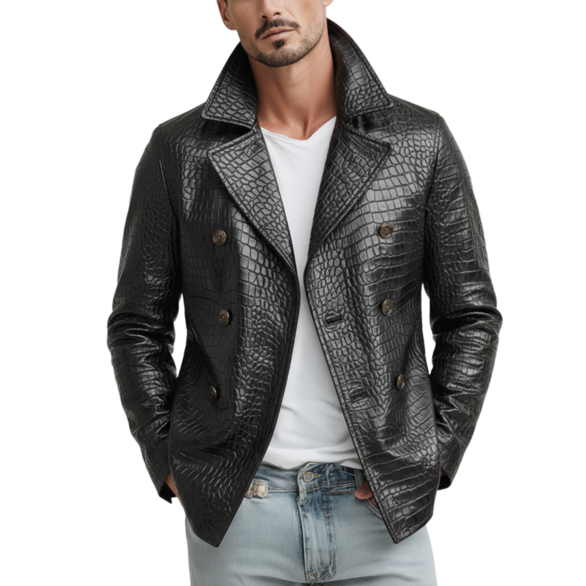 Men's Classic Casual Lapel Double-breasted Crocodile Leather Texture Pu Leather Jacket MTA1545J0K