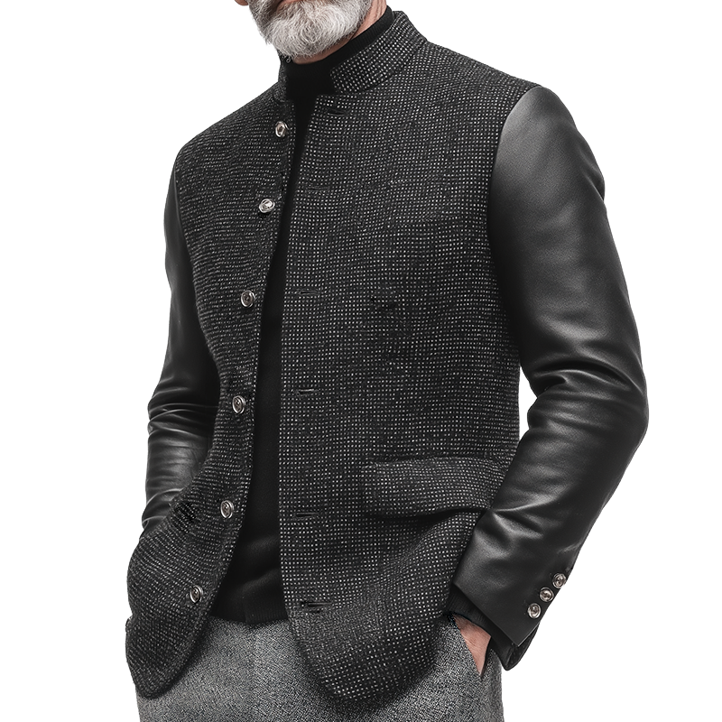 Men's Retro Casual PU Patchwork Stand Collar Jacket MTA2919K9TO