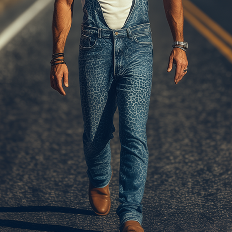 Men's Spring And Summer Fashion Personality Retro Western Cowboy Style Washed Denim Leopard Print Overalls MTA1335E2K