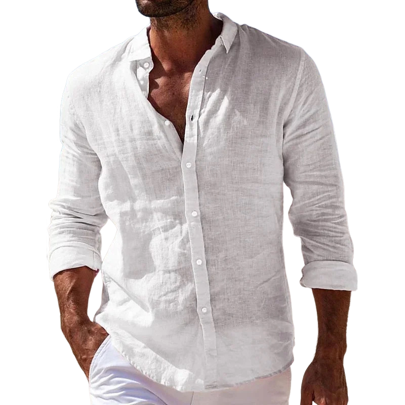 Men's Cotton And Linen Breathable Solid Color Casual Long-sleeved Shirt MTA1945G7X