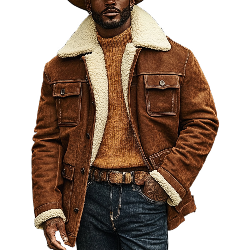 Men's Western Retro Lapel Splicing Polar Fleece Lapel Mid-Length Coat MTA1136J7X