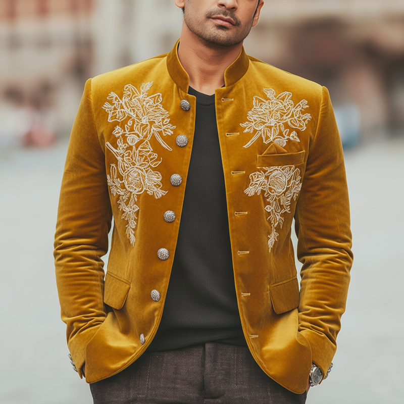Men's Luxury Gold Yellow Velvet Embroidered Stand-collar Slim-fit Jacket MTA1032L2U
