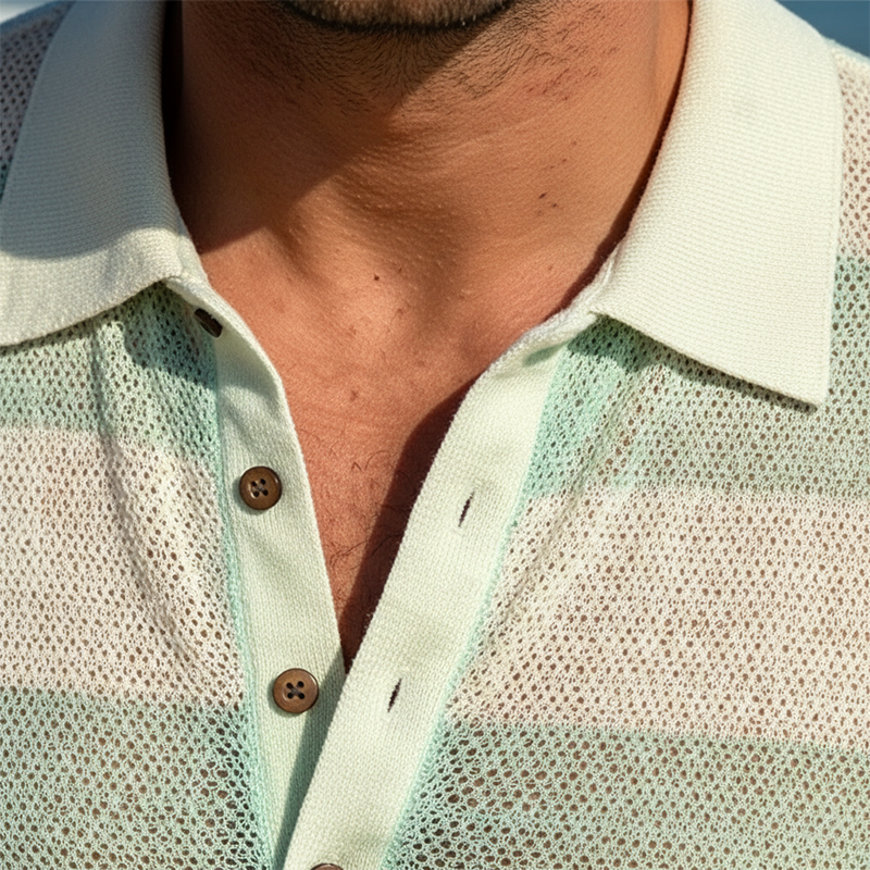 Men's Spring/Summer Fashion Cotton Yarn Knit Striped Long-Sleeve Polo Shirt MTZ1019B3P