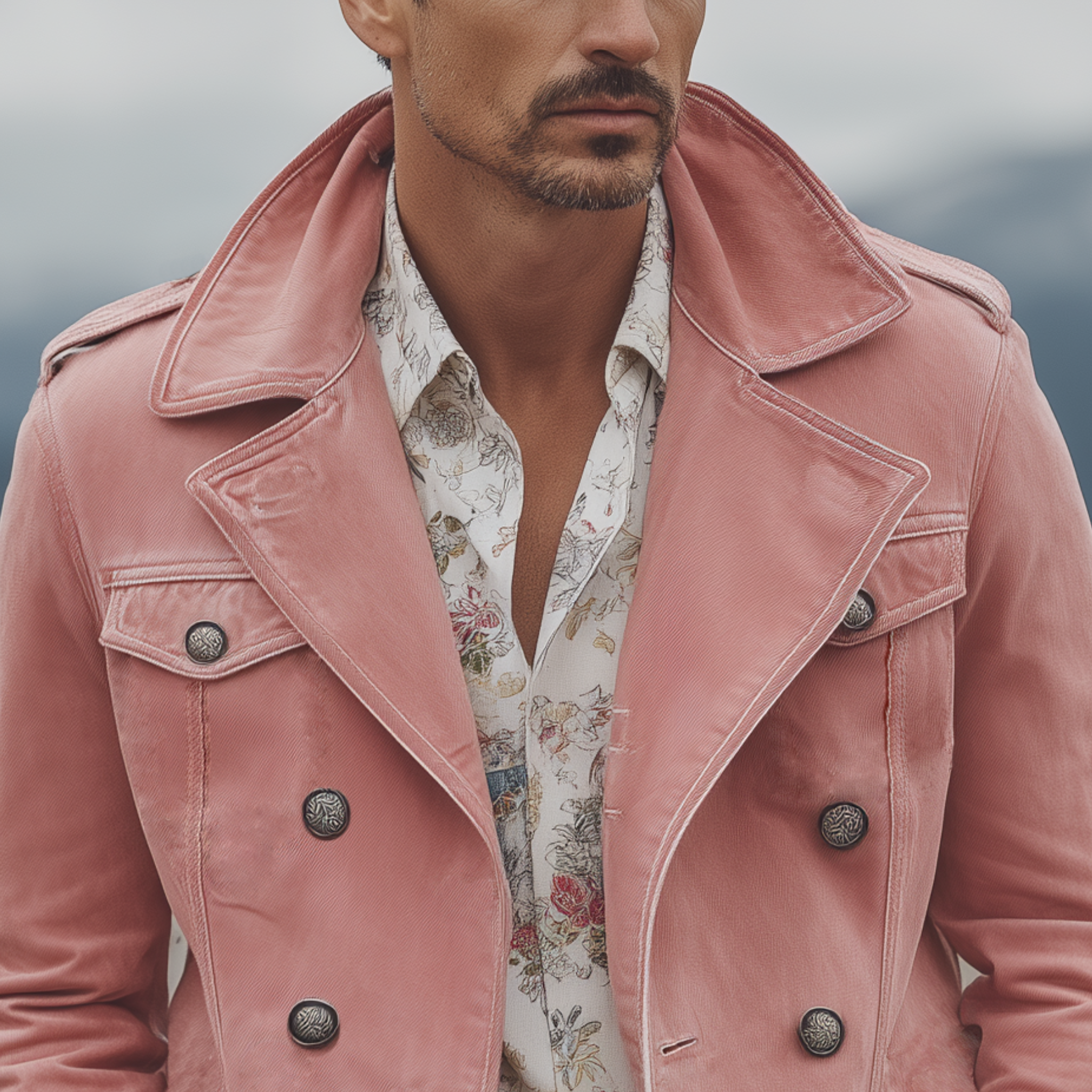 Men's Classic Western Vintage Lapel Washed Pink Denim Double Breasted Jacket MTA0309I2K