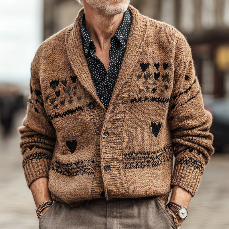 Men's Heart Pattern Shawl Collar Single Breasted Knit Cardigan MTA1123I8Z
