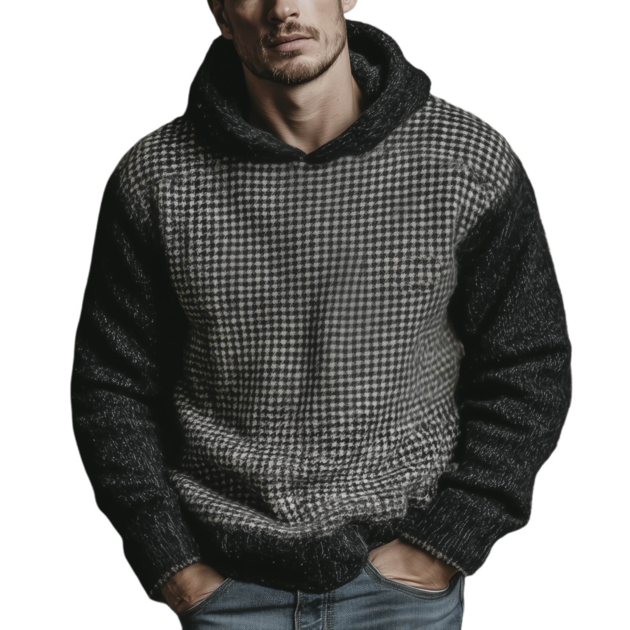 Men's Classic Casual Patchwork Houndstooth Pattern Hooded Loose Sweater MTA1007J2K