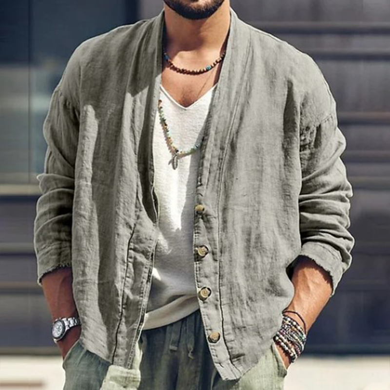 Men's Solid Color Cotton And Linen Long-Sleeved Cardigan MTA2307G0P