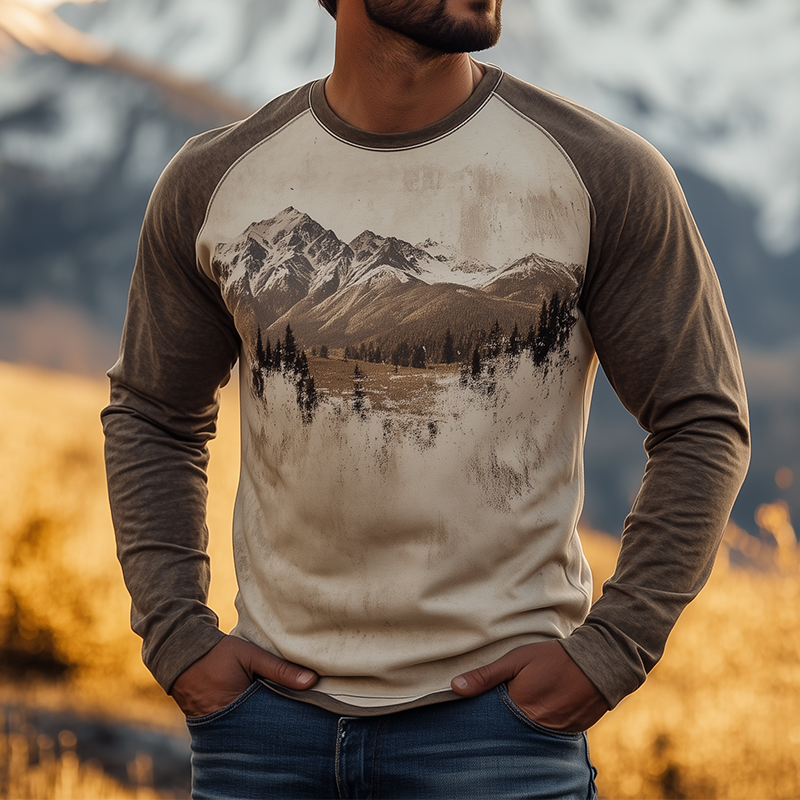 Men's Retro Casual Western Print Crew Neck Long Sleeve T-Shirt MTA3034G1TO