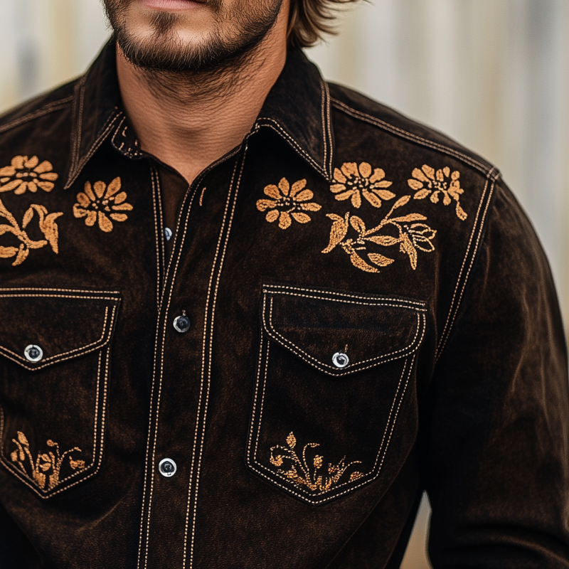 Men's Vintage Western Cowboy Suede Embroidered Long Sleeve Shirt MTA2075H1X