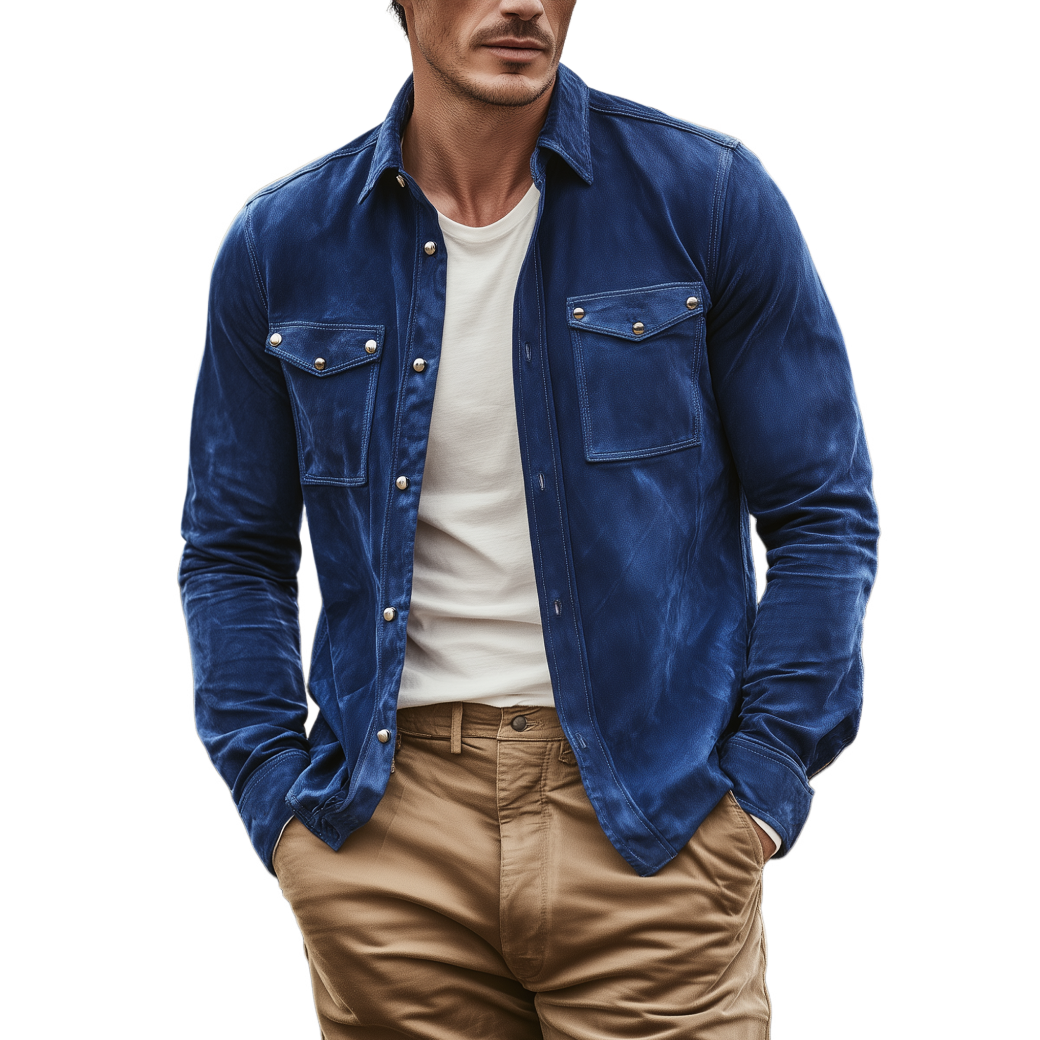 Men's Fashion Casual Pocket Decoration Metal Rivet Suede Long Sleeve Shirt MTA0104H0K