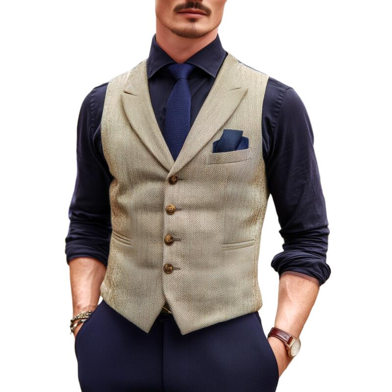 Men's Vintage Wool Blend Herringbone Lapel Single-Breasted Slim-Fit Suit Vest MTA2740H5M