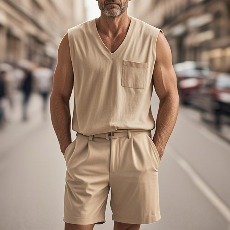 Herre Koselig bomull V-hals brystlomme ermeløs tanktopp shorts casual sett MTA0876E1Z