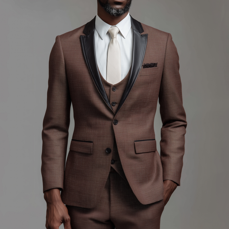 Men's Fashionable Cotton Blend Patchwork PU Peaked Lapel Single-breasted Slim-fit Suit Blazer MTA0637H3M
