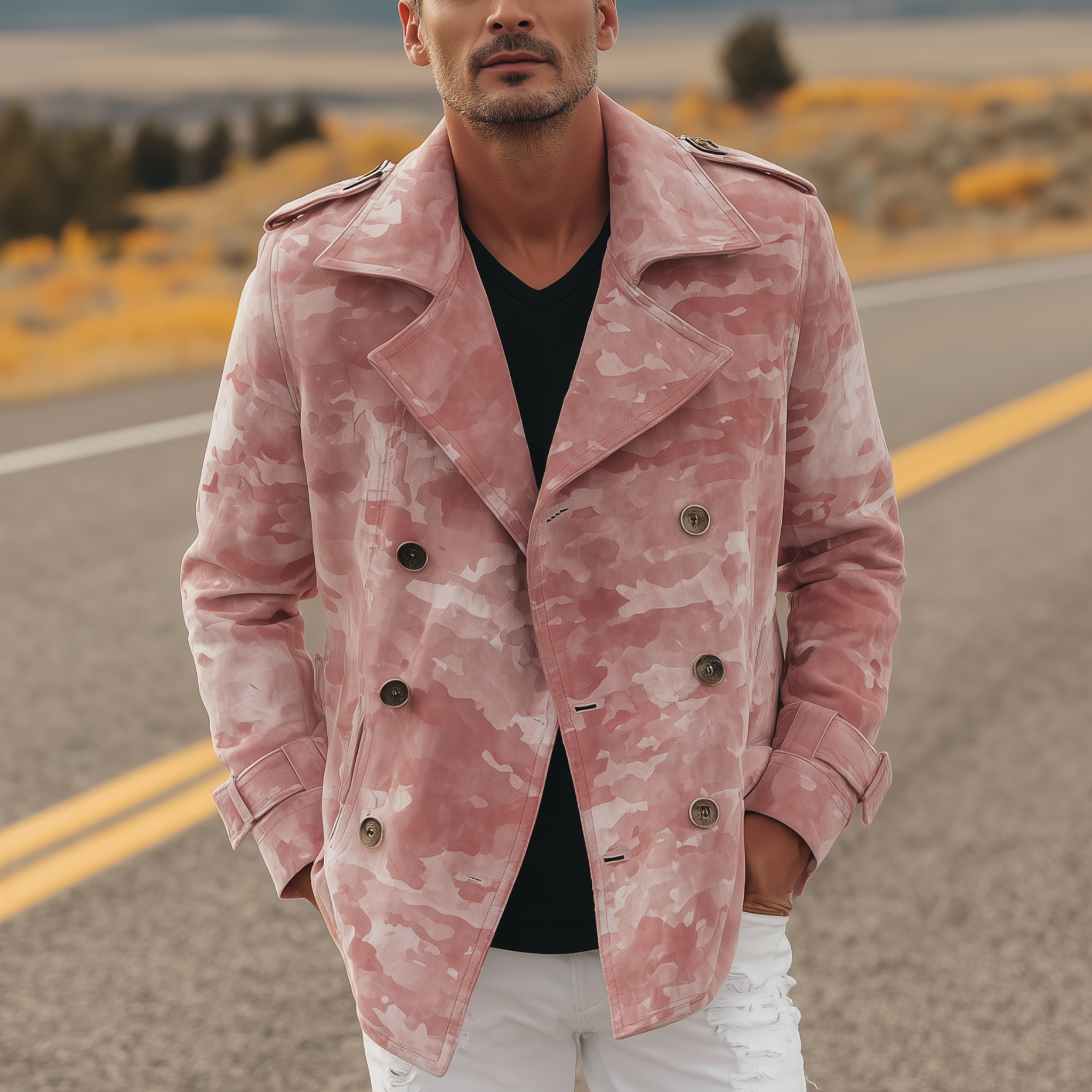 Men's Classic Casual Pink Camouflage Suede Lapel Double-Breasted Jacket MTA2809H6K