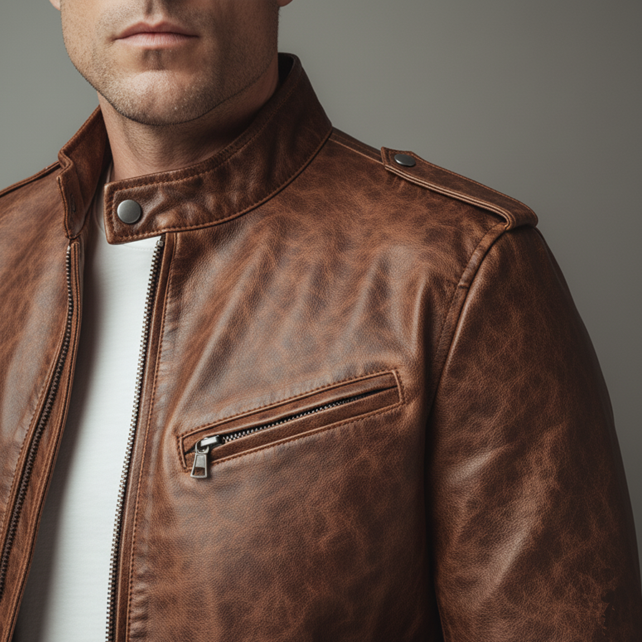 Men's Classic Vintage Distressed PU Leather Stand Collar Zipper Jacket MTA2289J0K