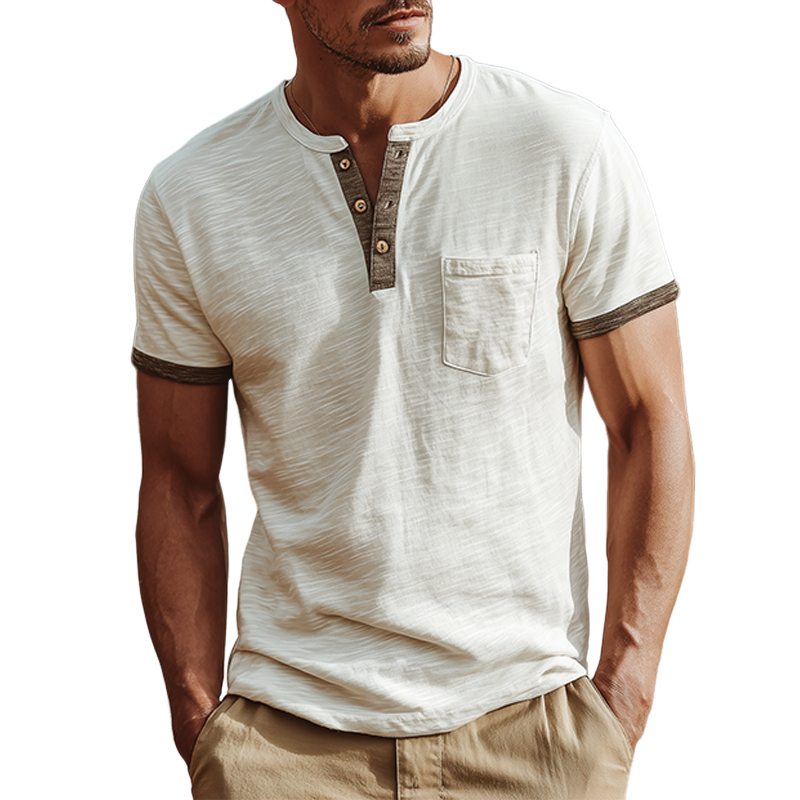 Men's Fashion Casual Bamboo Cotton Stitching Henley Collar Short Sleeve T-Shirt MTA1566G9K
