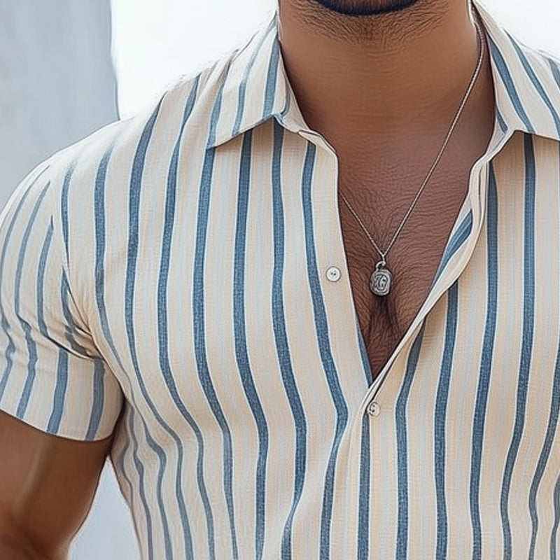 Men's Summer Casual Vertical Stripe Polo Neck T-Shirt MTA0640E2U
