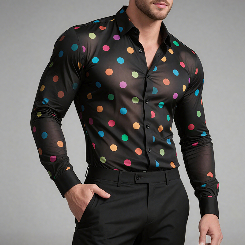 Men's Rainbow Polka Dot Print Chiffon Lapel Long Sleeve Shirt MTA2170G9Z