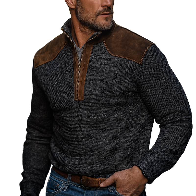 Men's Retro Checkered Faux Suede Patchwork Half-Zip High-Sleeve Sweatshirt MTA2994J2P