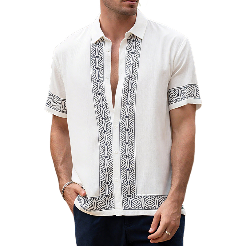 Men's Summer Casual Cotton And Linen Printed Lapel Short-sleeved Shirt MTA0295G2K
