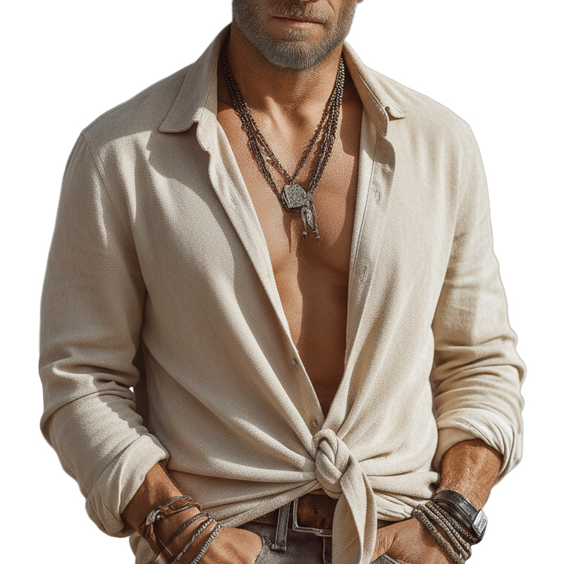 Men's Fashionable Apricot Faux Suede Tie-front Long-sleeved Shirt MTZ1224A6U