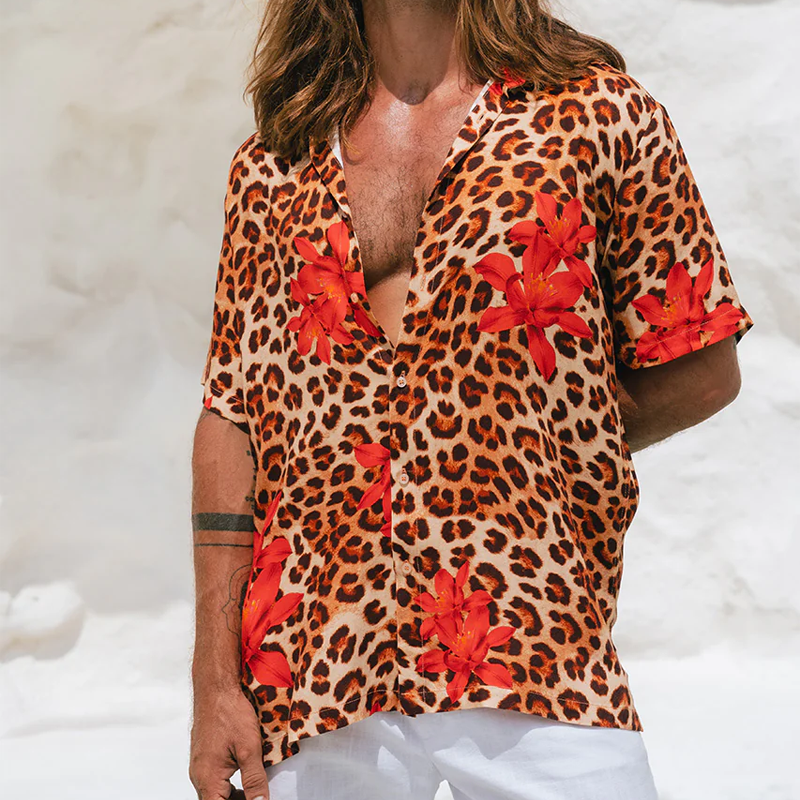 Herre vår- og sommermote, avslappet bomullsblanding, trykt leopardrose, sexy, kortermet skjorte MTA0734G4K