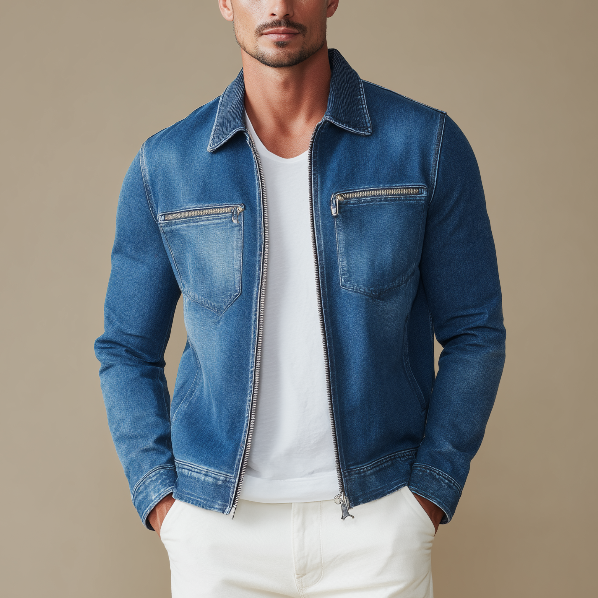 Men's Classic Casual Corduroy Collar Zipper Washed Denim Slim Fit Jacket MTA0772H5K