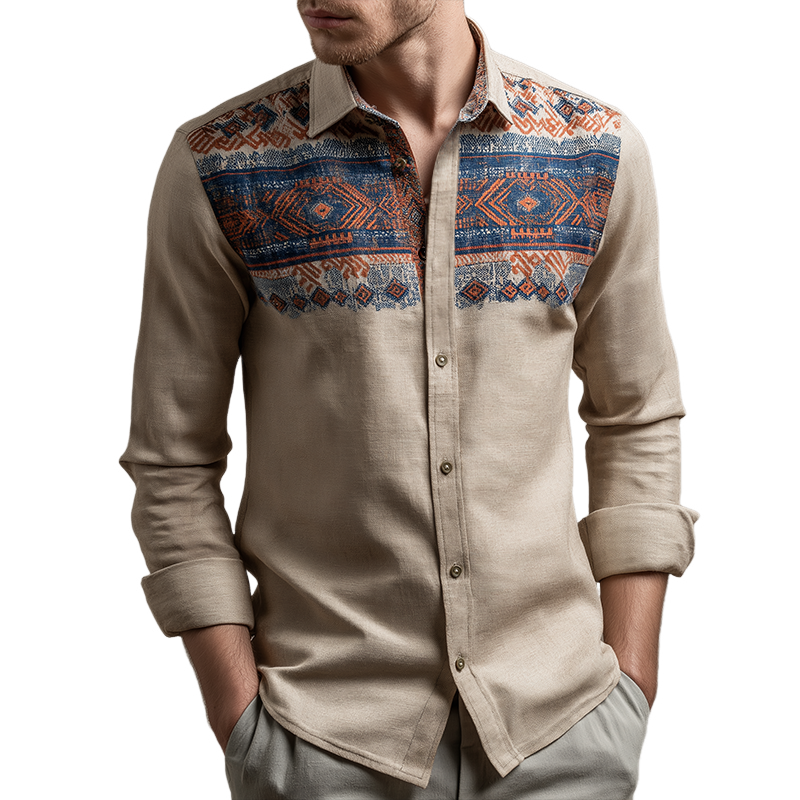 Men's Retro Casual Ethnic Style Geometric Print Lapel Long Sleeve Shirt MTA3176G4TO