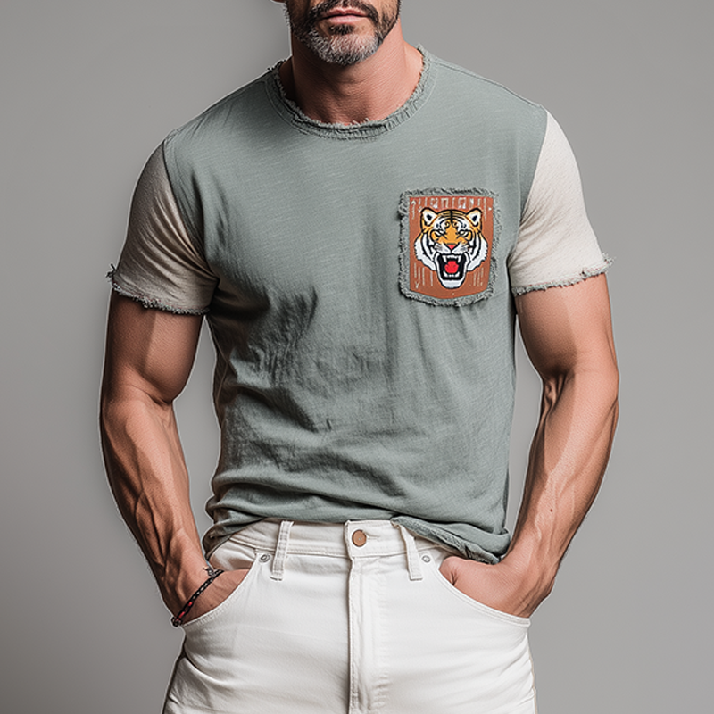Men's Fashion Casual Cotton Blended Tiger Patch Embroidered Raw Edge Slim Fit Short Sleeve T-shirt MTA1521G6K