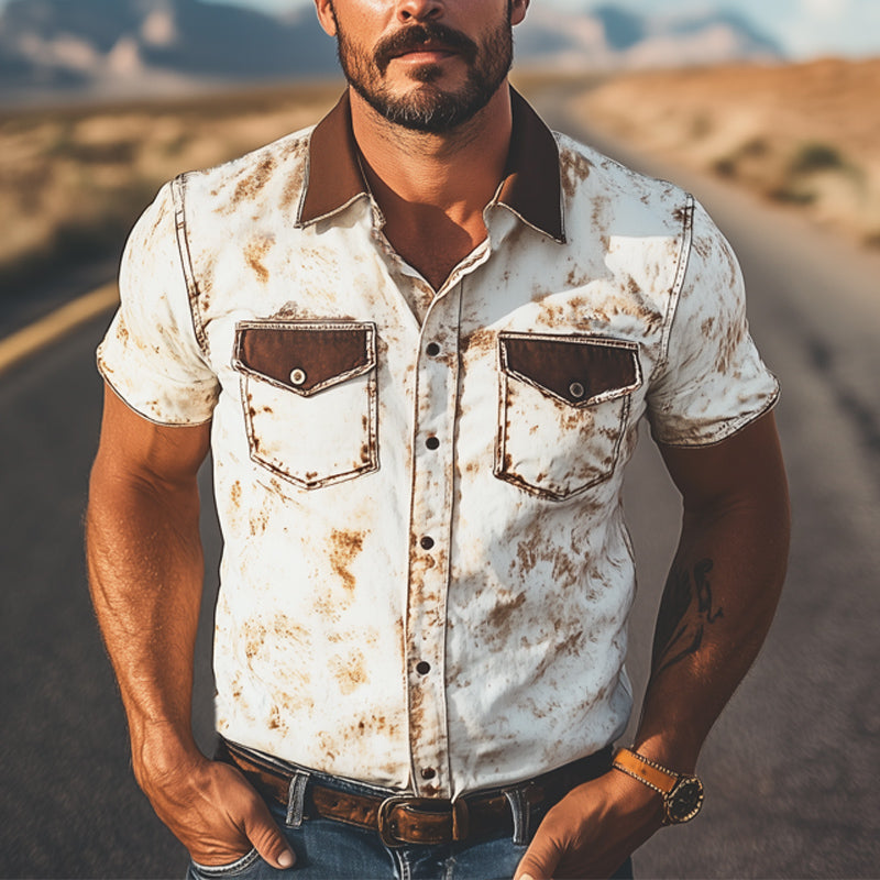 Men's Summer Western Cowboy Style Colorblock Print Short Sleeve Shirt MTA1617E4U