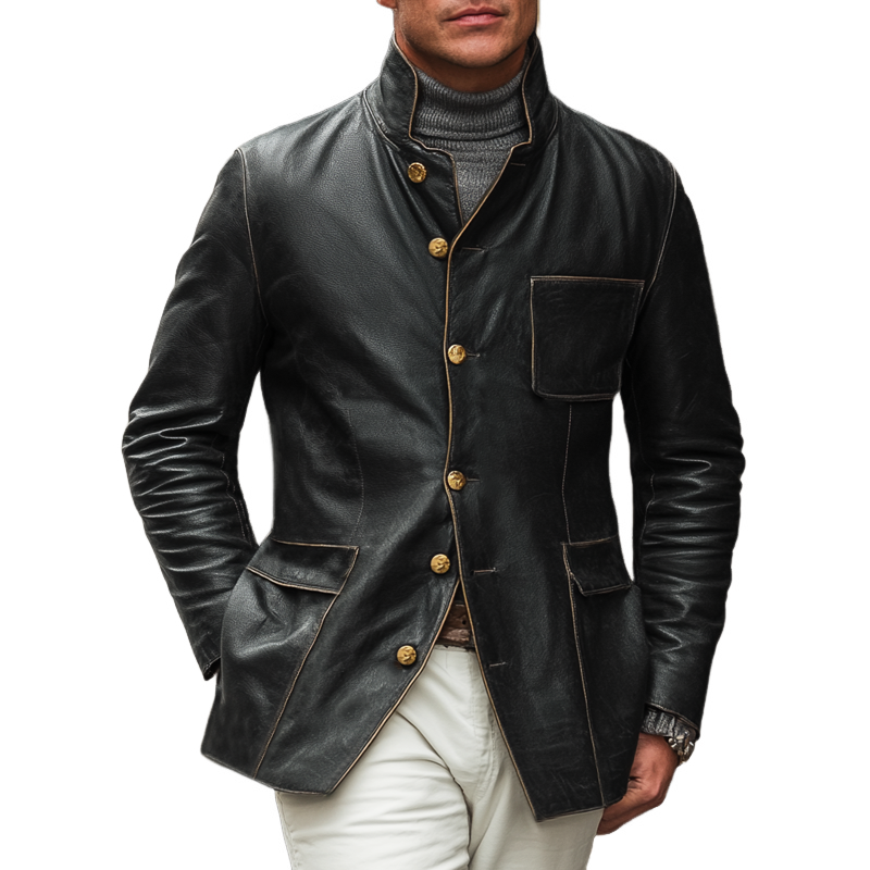 Men's Classic Slim-fit Stand-up Collar PU Leather Jacket MTA1366J1U