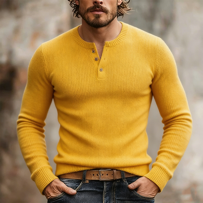 Men's Retro Casual Solid Color Knit Henley Collar Sweater Long-Sleeve T-Shirt MTZ1932A5TO