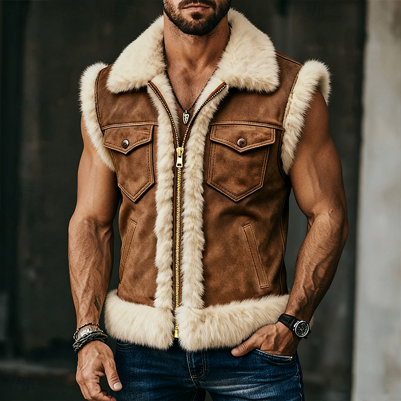 Men's Retro Casual Plush Pocket Zipper Lapel Vest MTA1668J2TO