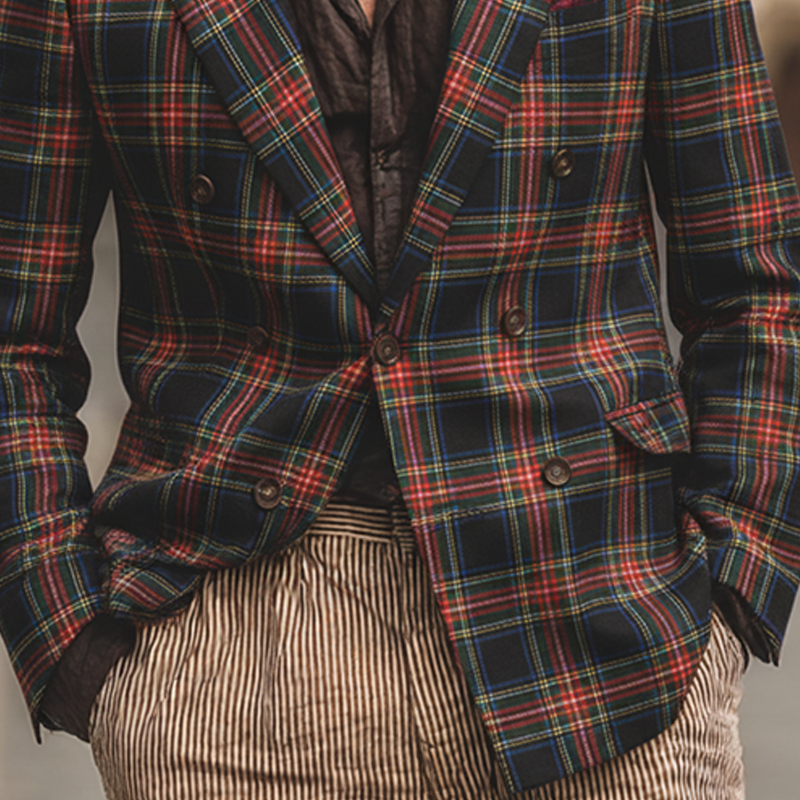 Men's Retro Plaid Print Lapel Blazer  MTA2471K7X