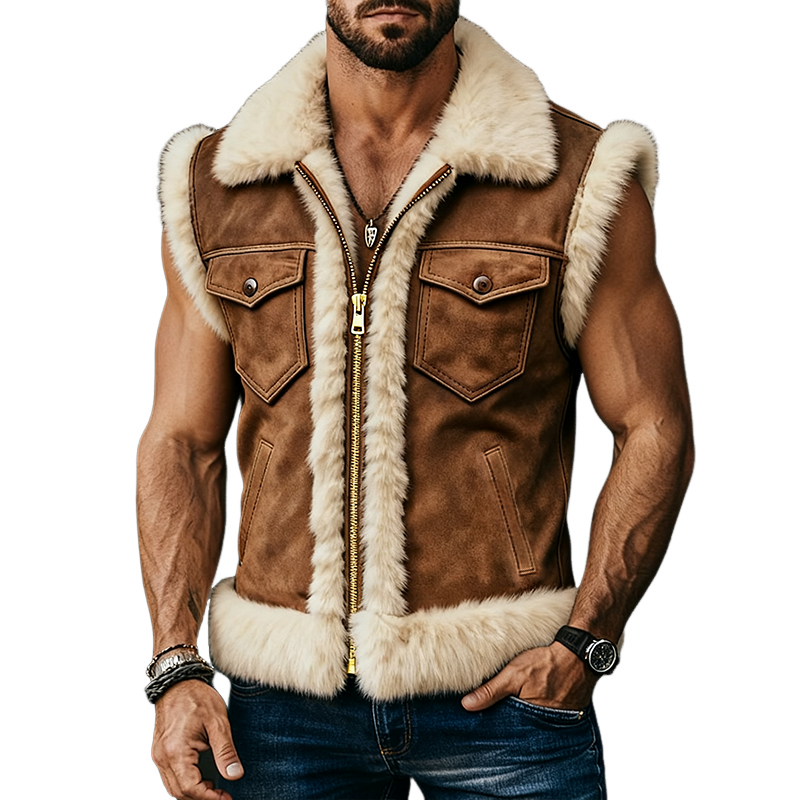 Men's Retro Casual Plush Pocket Zipper Lapel Vest MTA1668J2TO