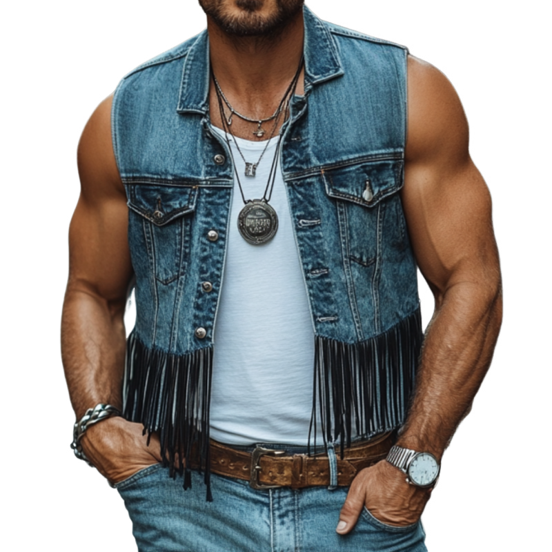 Men's Vintage Washed Distressed Lapel Single-breasted Hem Patchwork Tassel Denim Vest MTA2167E3M